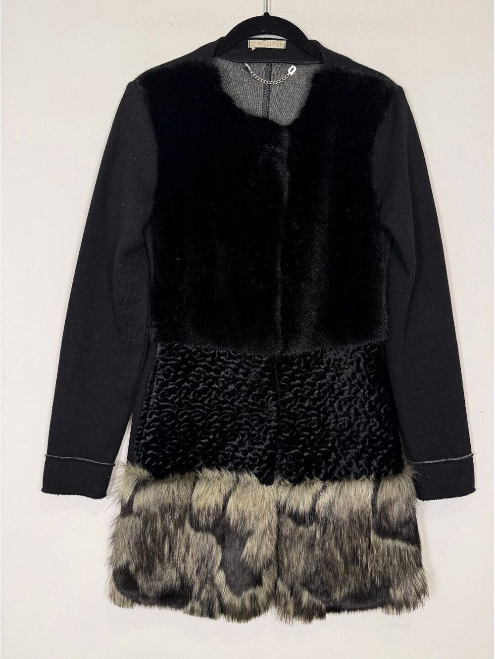 Eclipse Mixed Media Tiered Faux Fur Patchwork Knit Sleeve Coat Jacket Black XS